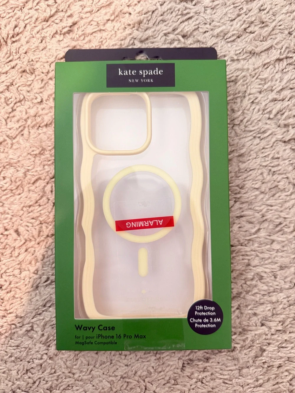 kate spade Clear Wavy iPhone Case 16 pro max  with Pale Yellow Trim and Ring
